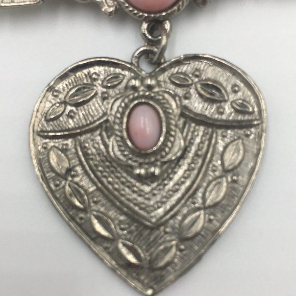 SILVER Tone Brocade Dangle Charm HEART BROOCH, Pink Plastic CABOCHON, Valentine - Picture 2 of 8